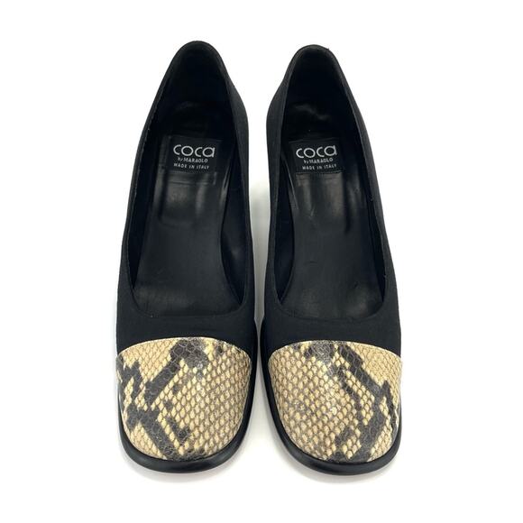 Coca By Maraolo Block Heel Pump Size 8.5 Black Fabric/Snake Print Leather Padded - Picture 4 of 16